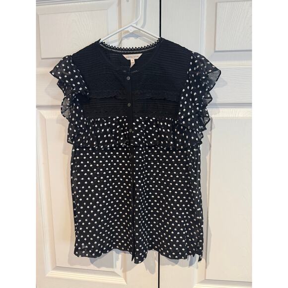 Rebecca Taylor Black & White Polka Dot Ruffle Lace Blouse – Size 12 - Picture 5 of 7